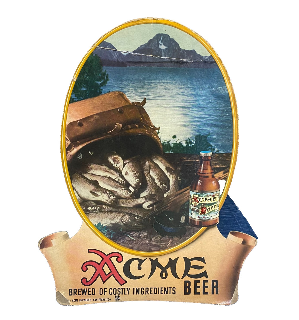 VTG Acme Beer Cardboard Advertising Die Cut Sign Lake Fish Mountains California